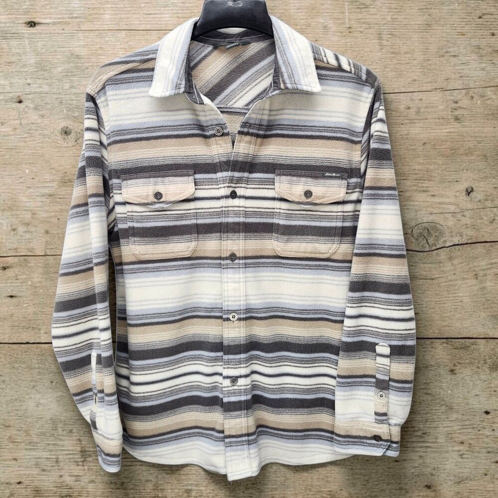 Eddie Bauer Micro Fleece Shirt Jacket Mens Small Gray Tan Striped Gorpcore